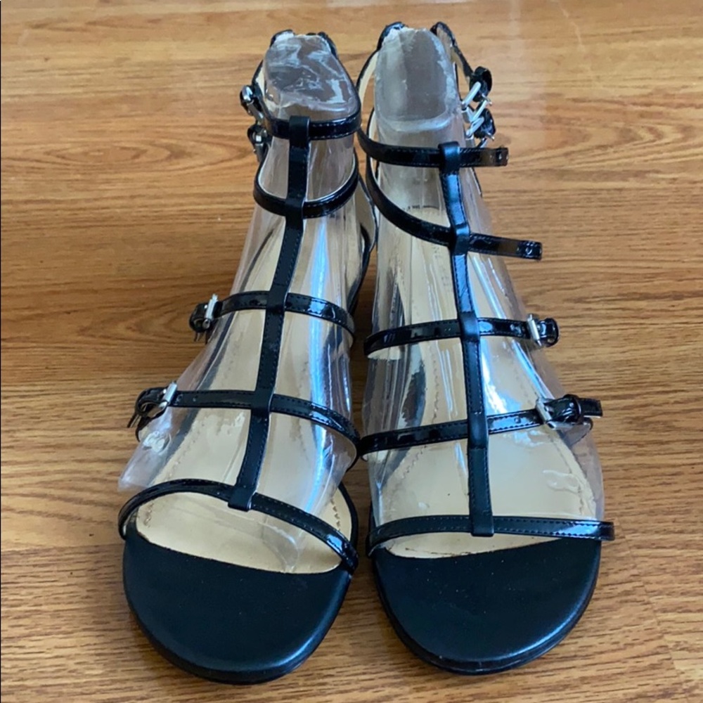 Women’s gladiator black patent leather sandals